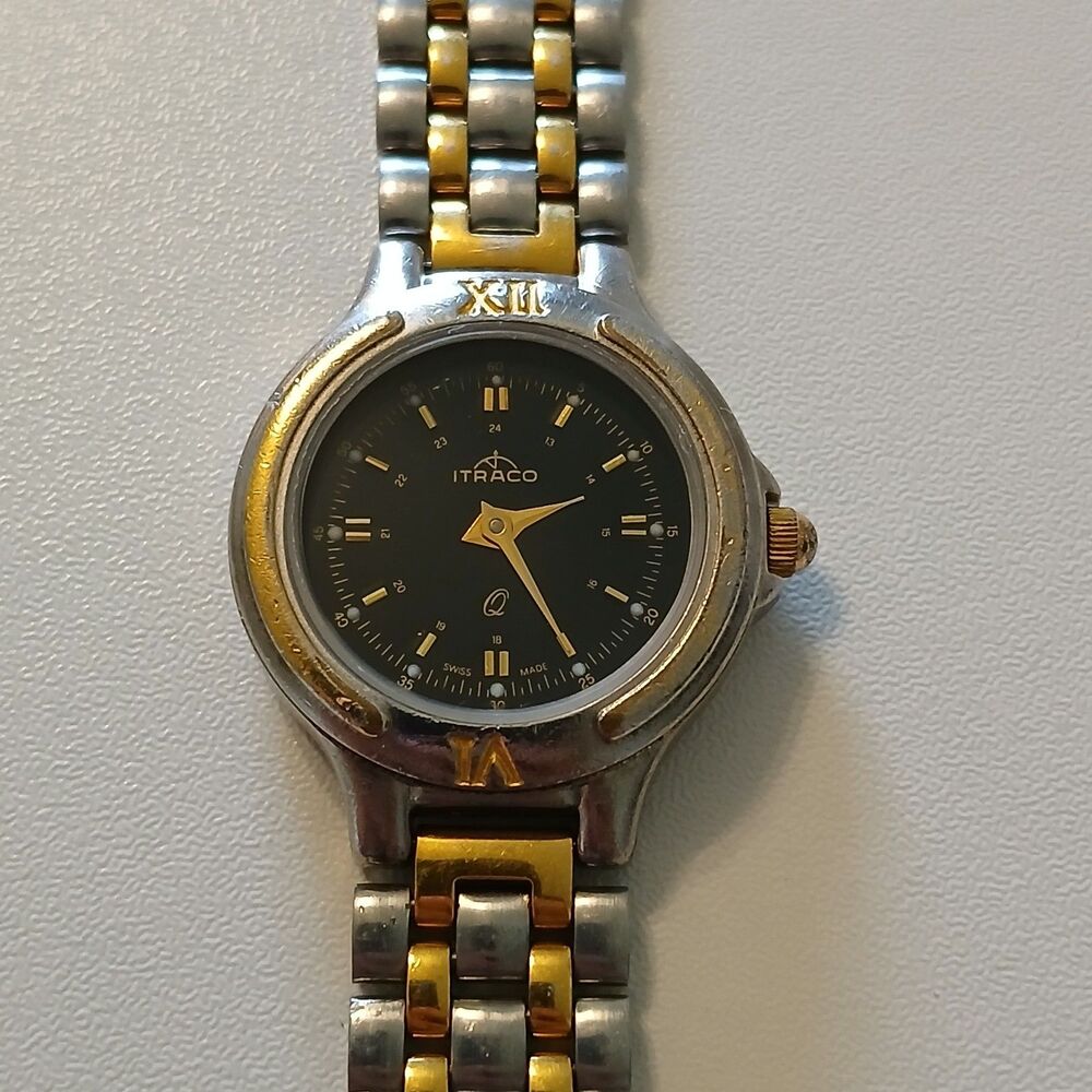 VTG 90s Itraco Swiss Made Two Tone Quartz Women's Watch Black Dial - Broken Link